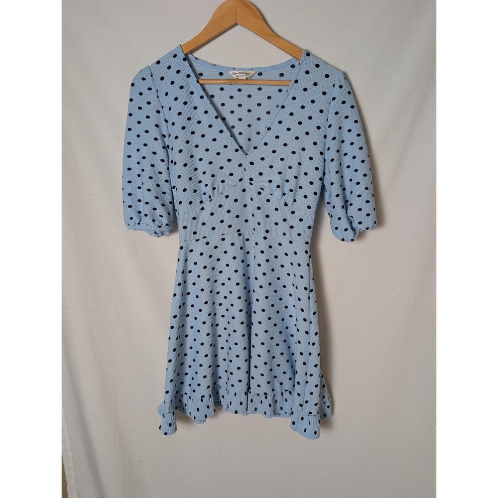 Blue And Black Polka Dot Miss Selfridge Vneck Ruffle hem Dress Sz 6 Housewife
